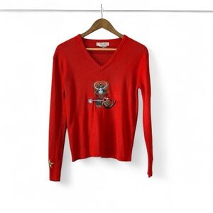 Frost Bros. Embroidered V-Neck Sweater Novelty Graphic Knit Red Size M